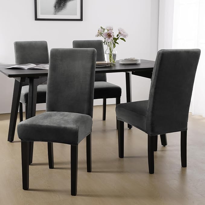 MOSAYT Velvet Stretch Chair Covers for Dining Room Set of 6 - Soft Slipcovers with Thick Removable Fabric for Parsons Chairs, Washable Seat Protectors for Kitchen, Banquet & Home Decor, Dark Grey