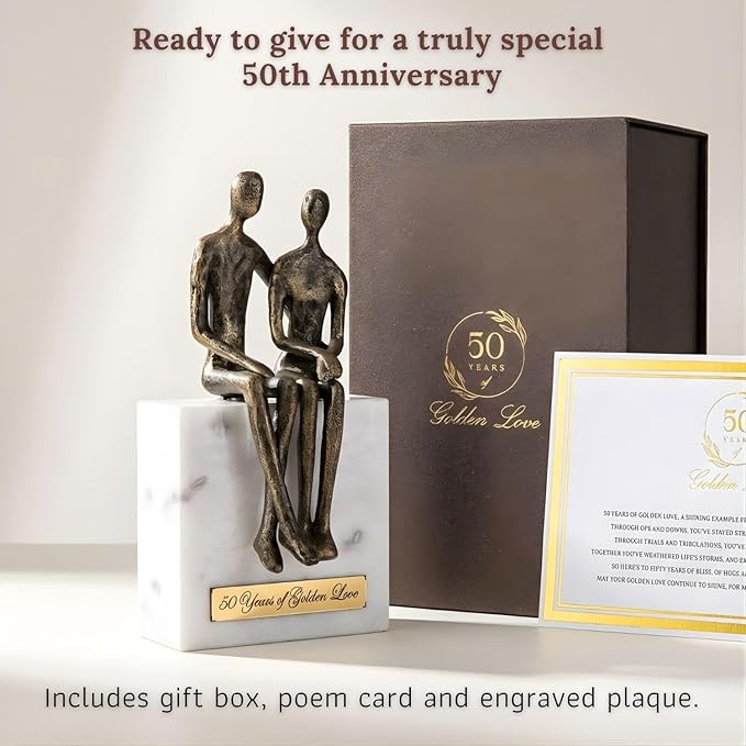 50th Wedding Anniversary Couple Gifts - Customizable Iron and Marble Sculpture - Gift for 50th Wedding Anniversary - Includes Present Box, Custom Engraved Plate and Poem Card (Personalized Gift Set)