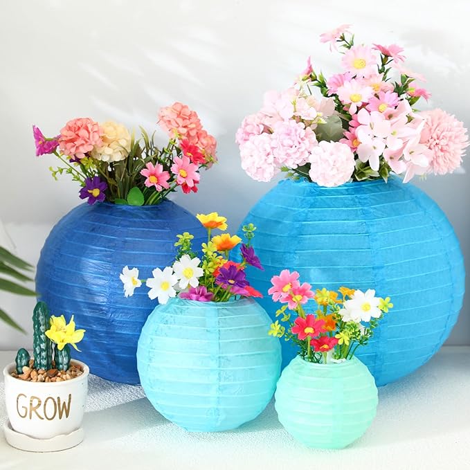 Treela 48 Pcs Paper Lanterns Party Decorations Chinese Round Paper Decor 4/6/8/10 Inch Asian Hanging Lamps Decorative for Birthday Party Wedding Bridal New Year Valentine Day Supplies(Blue Series)