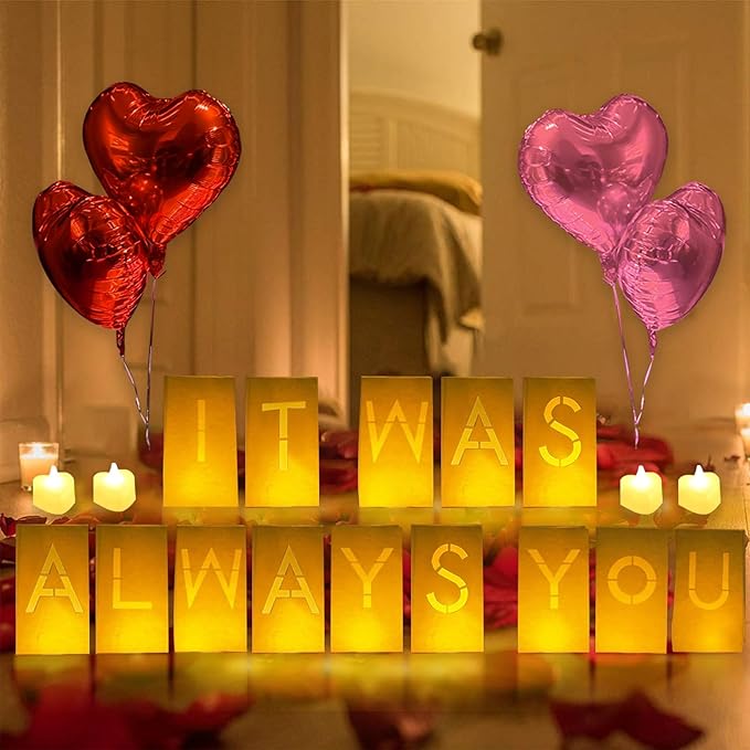 It Was Always You Lighted Letters Sign 8pcs Luminary Paper Bags 2000pcs Red Pink Artificial Rose Petals 48pcs Flameless LED Candle Tealight 10pcs Heart Balloons Romantic Night Valentine's Day Decor