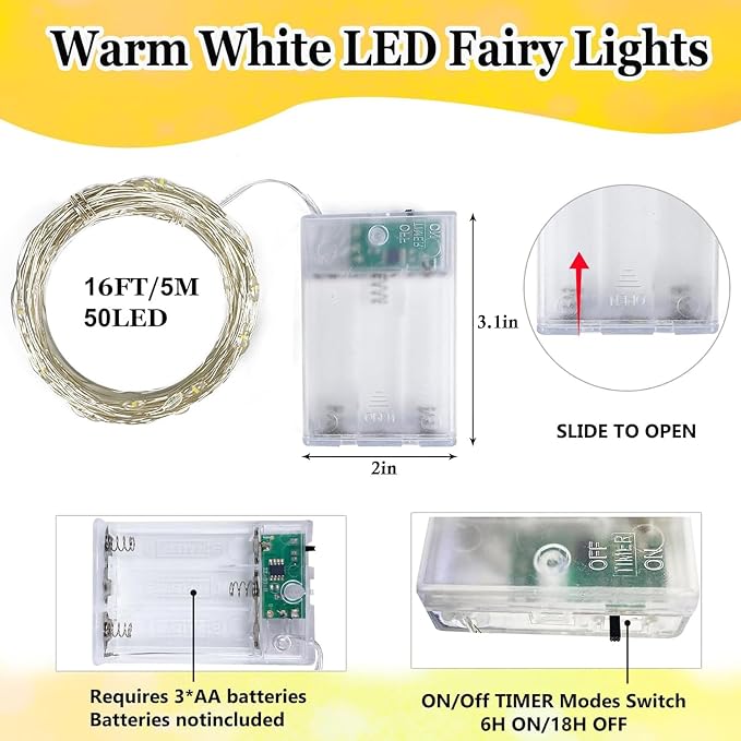 1-Pack Fairy Lights Battery Operated with Timer, 16FT 50 LED String Lights Indoor Outdoor, Cuttable Starry Fairy Lights Waterproof for Christmas Home Bedroom Wedding DIY Centerpiece Decor (Warm White)