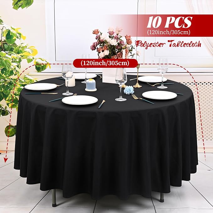 10 Pack Black Round Tablecloth 120 Inch, Waterproof Polyester Table Cloth for Round Tables, Black Tablecloths Stain and Wrinkle Resistant Washable Fabric Table Cover for Party Dining Wedding Banquet