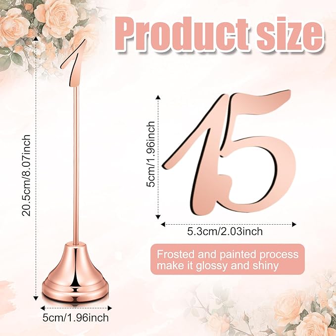 Maitys 15 Pcs Metal Table Numbers 1-15 with Weighted Base 8 Inch Table Number Stands for Wedding Reception, Party, Anniversary, Birthday Banquet(Rose Gold)