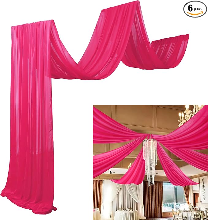 DUOBAO Ceiling Fabric Drapes for Weddings 5x30 Sheer Voile Chiffon Fabric Draping Hot Pink Chiffon Curtains, 6 Pieces Tulle Sheer Drapes for Party Backdrop Curtain and Special Events, 5x30feet