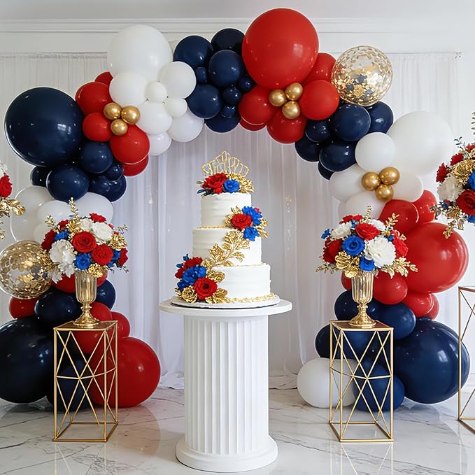 Red White and Blue Balloons Arch Kit - 124 PCs Double Stuffed Red Navy Blue Sand White Gold Latex Balloons for Graduation Birthday Party Veterans Day Decorations