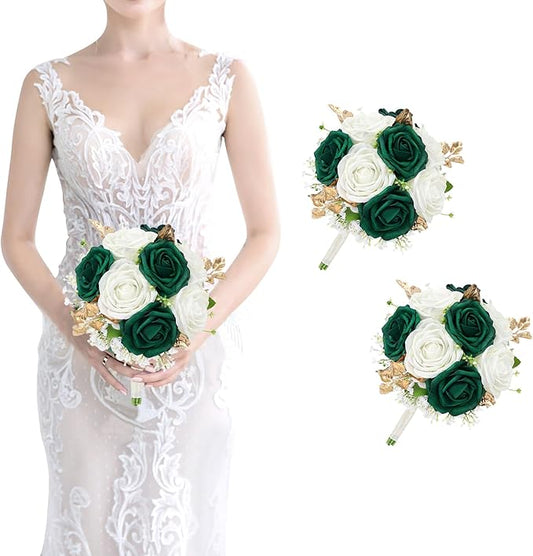 Wedding Bridesmaid Bouquet Set of 2 - Artificial Flowers Bouquets for Bridesmaids Pre-made 7 Inch Faux Small Floral Bouquets Bridal Shower, Wedding, Ceremony, Anniversary - Emerald & White & Gold