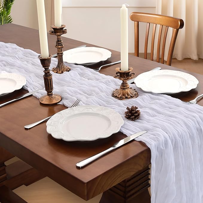 12 Pack 10FT White Cheesecloth Table Runner 120 Inch Long Gauze Rustic Boho Spring Cheese Cloth Table Runner Sheer Fabric Decorations for Holiday Party Wedding Banquet Bridal Baby Shower Décor