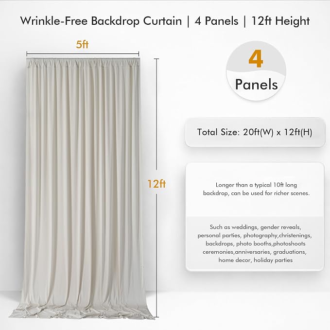 20ftx12ft Wrinkle Free Champagne Backdrop Curtain,4 Panels 12FT Height Wedding Backdrop Drapes,Silky Polyester Back Drop Cloth for Birthday Photography Background Party Backdrop Draping