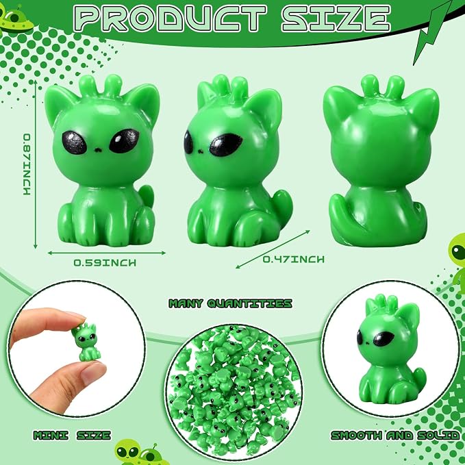 VioraWhite 50 Pcs Resin Mini Alien Cat Figures Bulk Tiny Alien Cat Figurine to Hide and Seek Green UFO Sci-fi Space Party Gifts for Miniature Landscape Space Birthday Party Goodie Bags Fillers