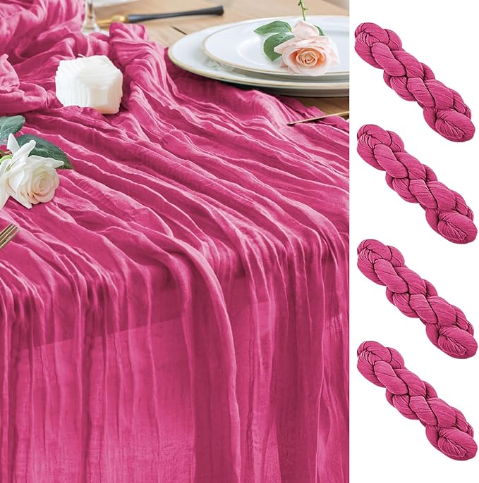 Wokceer Cheesecloth Table Runner 4Pack 10FT Deep Pink Boho Gauze Cheese Cloth Table Runner for Party Long Rustic Sheer Table Runners for Baby Bridal Shower Wedding Easter Table Decor