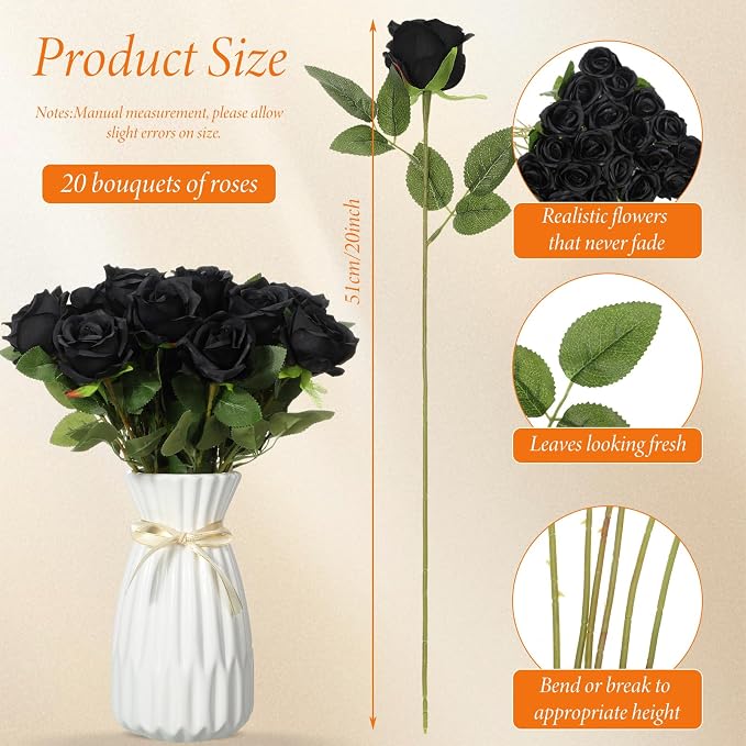 Hotop 20 Pcs Artificial Rose Flowers with Long Stem, Real Lifelike Silk Realistic Plastic Bouquet Roses Bulk for Home Decor Bridal Wedding Party Table Centerpieces Decorations(Black)