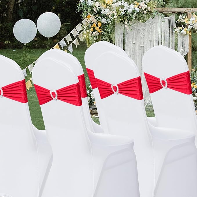 Howhic Pack of 60 Spandex Chair Sashes Bows Stretch Chair Cover Band with Buckle Slider Universal Elastic Chair Ties for Wedding Banquet Party Event Decoration (Ruby)