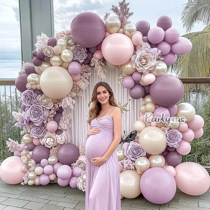 Dusty Purple Pink Balloon Arch Kit, Double Stuffed Lavender White Sand Pearl Balloon Garland with Pastel Pink Lilac Blush Gold Latex for Baby Shower Birthday Wedding Mothers Day Fairy Party