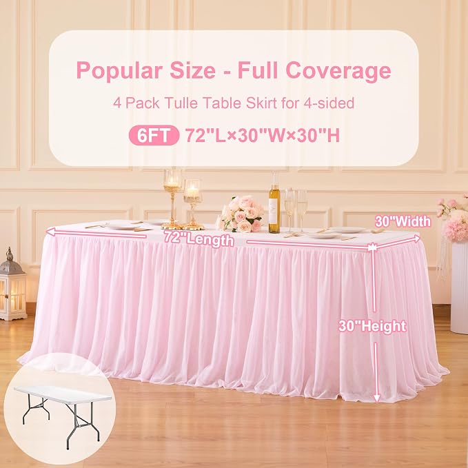 4 Pack Pink Tulle Tablecloth Skirt for 6 Foot Rectangle Tables - Baby Shower Table Covers with Ruffle Tutu Detail - Stretch Fitted for Wedding, Girl's Birthday, Princess Themed Parties