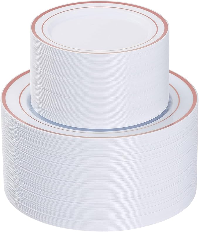 Goodluck 200PCS Rose Gold Plastic Plates, Heavy Duty Disposable Rose Gold Plates with 100 10.25 inch Dinner Plates and 100 7.5 inch Dessert Plates, Disposable Plates for Party, Wedding, Valentines