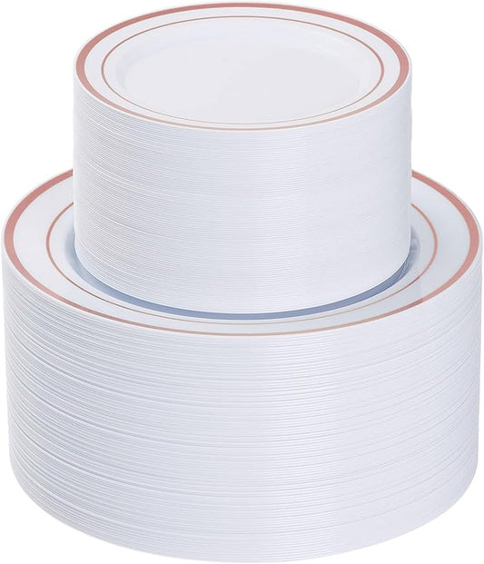 Goodluck 200PCS Rose Gold Plastic Plates, Heavy Duty Disposable Rose Gold Plates with 100 10.25 inch Dinner Plates and 100 7.5 inch Dessert Plates, Disposable Plates for Party, Wedding, Valentines