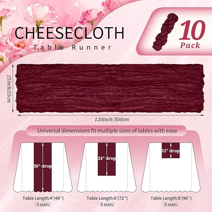 10 Pack Burgundy Red Cheesecloth Table Runner 10FT Boho Gauze Cheese Cloth Table Runners Romantic Rustic Sheer Table Decorations for Wedding Party Baby Shower Birthday Holiday Home