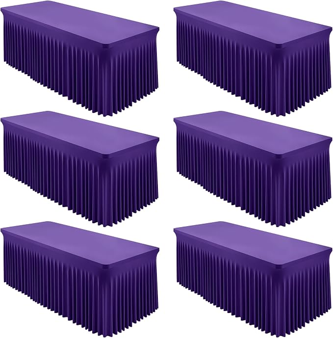 6 Packs Purple Spandex Table Covers 6 Foot, Fitted Stretch Table Cloth with Skirts 72x30 Inch, Wrinkle-Free Floor Length Rectangle Tablecloths for Trade Show Weddings Parties Banquets Events