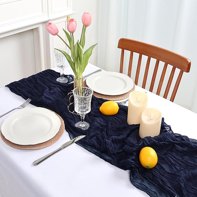 8 Pack Navy Blue Cheesecloth Table Runner 10ft Boho Gauze Fabric 120 Inch Cheese Cloth Table Runner Rustic Sheer for Holiday Baby Shower Party Décor Home Wedding Decoration