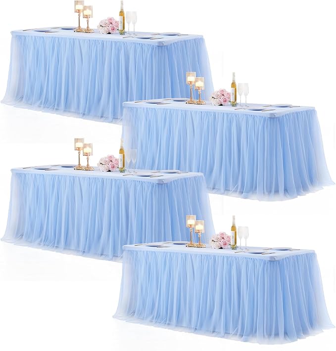 Baby Blue Table Cloths for 6 Foot Rectangle Tables, Tulle Table Skirt Baby Shower Table Covers for 6 Foot Tables Desk Skirt Party Wedding Banquet Tablecloth Elastic Stretch Fitted Ruffle Table Cloth