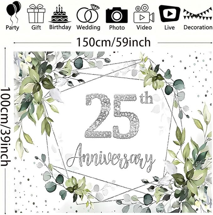 Silver Wedding 25th Anniversary Decorations Backdrop Watercolor Eucalyptus Leaves Sparkling Diamond 25th Background Couple Wedding Engagement Banner (A, 5X3FT)