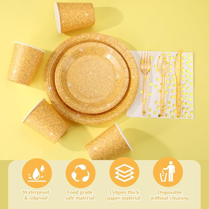 Hushee 175 Pcs 25 Guests Gold Paper Party Plates and Cups Napkins Sets Holographic Glitter Disposable Dinnerware Plastic Forks Knives Spoons Birthday Bachelorette Wedding Party Supplies