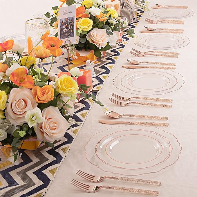 Liacere 150PCS Rose Gold Plastic Plates - Clear Rose Gold Disposable Plates with Glitter Bamboo Handle Cutlery - 60 Baroque Elegant Plates, 30 Forks, 30 Spoons, 30 Knives for Wedding ＆ Mothers Day