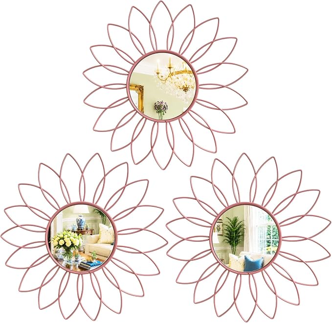 3 Pack Metal Mirrors for Wall Sunburst Wall Mirrors Home Décor Decorative Hanging Wall Art for Living Room Bedroom Entryway (Pink, Flowers)