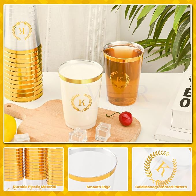 100 Pieces Monogrammed Plastic Cups Gold Foil Letter K Disposable Cups 12 oz Clear Initial Party Cups for Wedding Birthday Baby Shower Personalized Party Drinkware