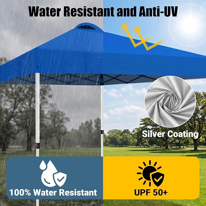 10x10 Pop Up Canopy Tent, Instant Folding Outdoor Shelter with High Strength Steel Frame and Handheld Carry Bag, Ground Stakes and Wind Ropes for Backyard Party, Camping, Beach Events, Blue