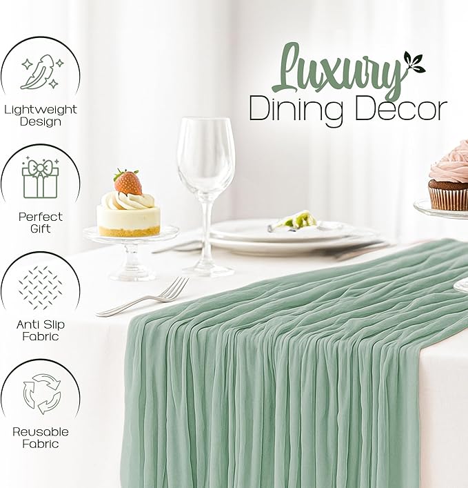 12 Pack Sage Green Cheesecloth Table Runners 10FT Long – 35 x 120 Inch Boho Gauze Table Runners for Engagement, Wedding, Baby Shower & Home Decor – Soft Wrinkled Polyester Fabric