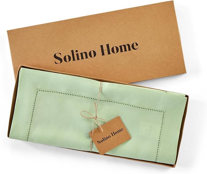 Solino Home Linen Table Runner 90 Inches Long - 100% Pure Linen Light Green Table Runner 14 x 90 Inch for Spring, Summer, Mothers Day - Classic Hemstitch