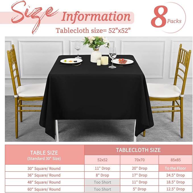 8 Pack Black Square Tablecloth 52 x 52 Inch Square Table Cloth,Wrinkle Resistant Washable Polyester Fabric Table Clothes Small Black Tablecloth for Wedding Dining Parties Restaurant Card Table