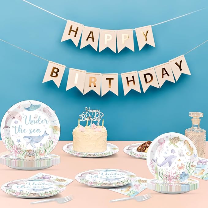 96 Pcs Under the Sea Party Decorations Ocean Plates and Napkins Sea Turtle Theme Tableware Set Decor Party Supplies for Birthday Wedding Baby Shower Sea Animal Party Favors for 24 Guests