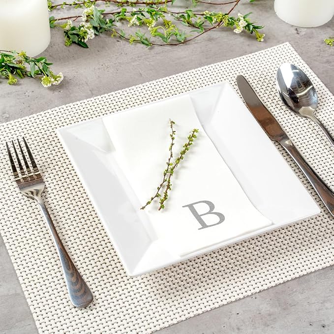 Luxenap 15.8 X 7.9 Inch Linen-Feel Guest Towels, 50 Lettered Hand Towels - Silver Letter 'B', Sans Serif Font, White Paper Dinner Napkins, airlaid, For Restrooms And Tables - Restaurantware