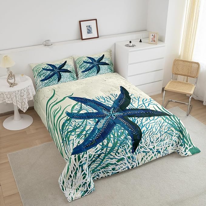 Feelyou Starfish Beach Comforter Set King Size Kids Summer Theme Comforter for Boys Girls Teens Marine Themed Bedding Set Underwater Animal Duvet Set Ocean Creature Quilt