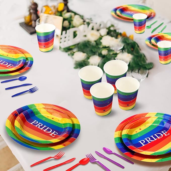 FillTouch 350 Pcs Rainbow Gay Pride Month Lgbtq Party Supplies Set Rainbow Disposable Paper Plates Love Napkins Cups Knives Forks Spoons for 50 Guests Gay Pride Party Parade Club Festival Events
