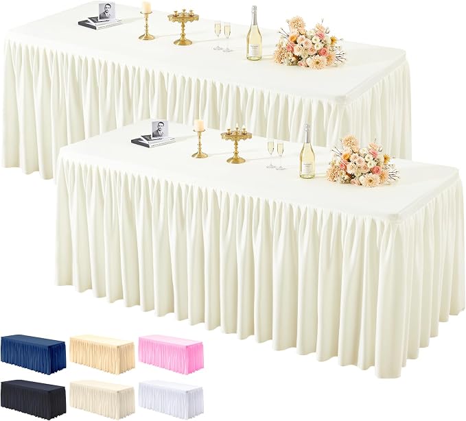 PARTISKY ２ Pack Ivory Tablecloths for Rectangle Tables 6ft, Wrinkle Resistant Spandex Table Cover Fitted Stretch Table Cloth with Pleated Ruffle Skirts for Party Banquet Dining Birthday Wedding