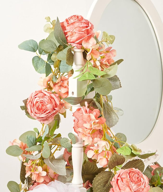 PONKING Flower Garland Artificial Rose & Hydrangea Vine Hanging Fake Flowers Vines for Wedding Birthday Party Valentines Christmas Room Wall Arch Decor, 1 Rose & 1 Hydrangea Dark Pink Floral Garland