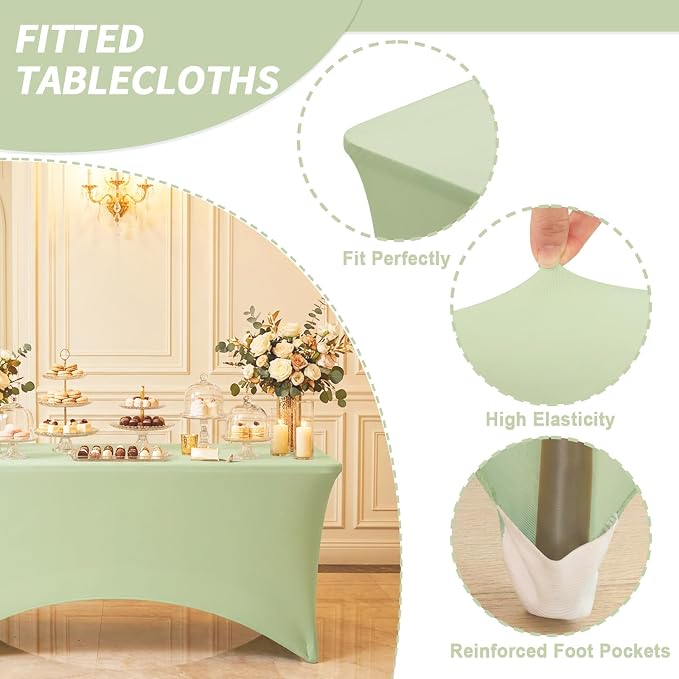 Fixwal Sage Green Stretch Table Cloth Rectangle 2 Pack 6Ft, Spandex Fitted Table Covers Washable for Party, Trade Show, Banquet, Wedding, Buffet