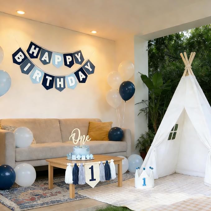 Navy Blue 1st Birthday Decorations for Boy -high chair banner first birthday boy Felt Happy Birthday Banner，birthday cake topper & Crown Hat,All-in-one First Birthday Decor Kit for Baby Boy