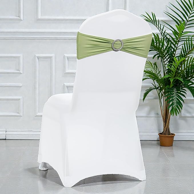 VDS - Sage Green | Spandex Chair Sashes Bows | 300 PCS | Stretch Elastic Banquet Universal Folding Chair Band Tie with Silver Buckle Slider for Wedding Party Conference Celebration Event Decoration