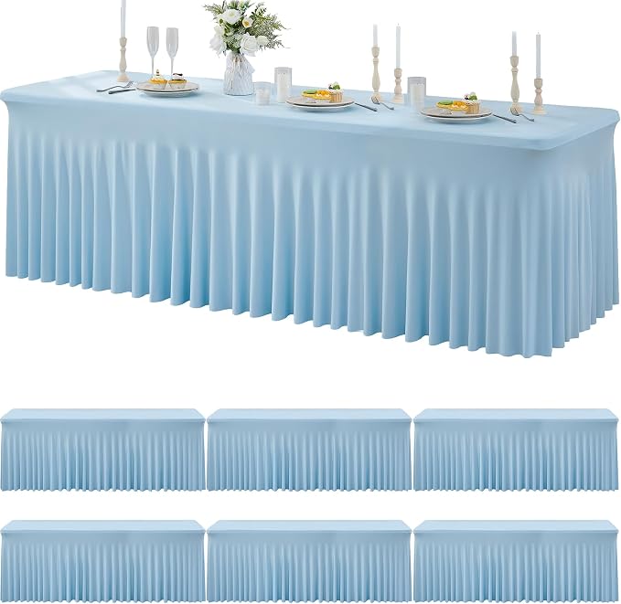 6 Pack Spandex Baby Blue Tablecloths for 8 Foot Rectangle Tables, Wrinkle Free Fitted Table Cloths 8ft Stretchy Table Cloth for Parties Weddings Birthday Banquet Baby Shower