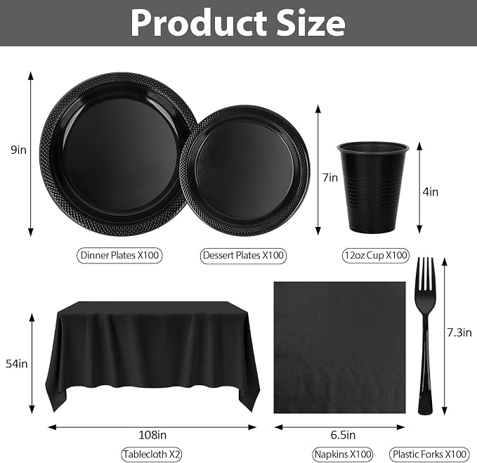 Black Plastic Plates for Party,100 Guest - 7&9inch Plates,Napkins,Forks,Cups & Tablecloths,Disposable Party Supplies for for Birthday,Halloween,Christmas Parties, Graduations