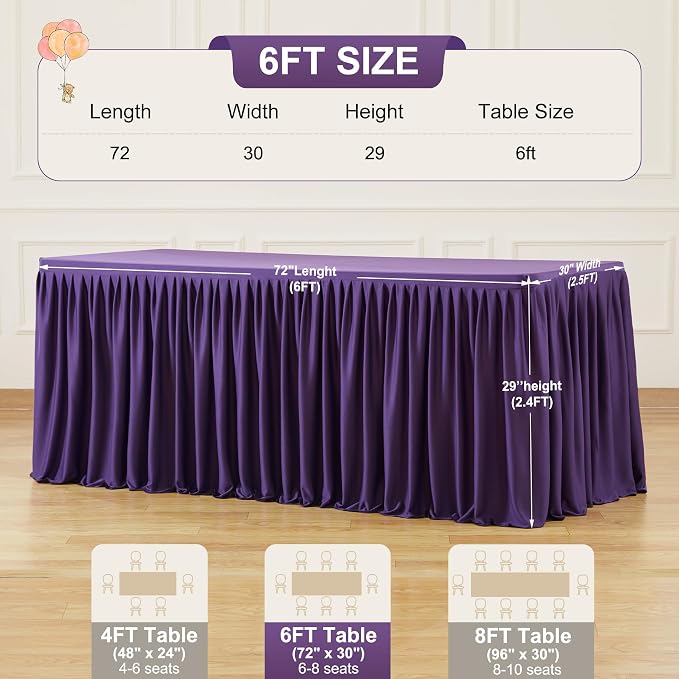 6 Packs Purple Polyester Tablecloths Rectangle Tables 6ft, Stretch Fitted Table Covers for 6 Foot Tables Wrinkle Free Rectangle Table Cloth with Skirt for Birthday Party Events Banquet Baby Shower