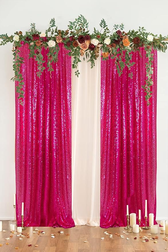 PartyDelight Hot Pink Sequin Backdrop Curtains 2x8ft 2 Panels | 3mm stitched sequin curtain with 4 inch rod pocket for 2x8ft 2 panel doorway window side drape narrow photo booth strip