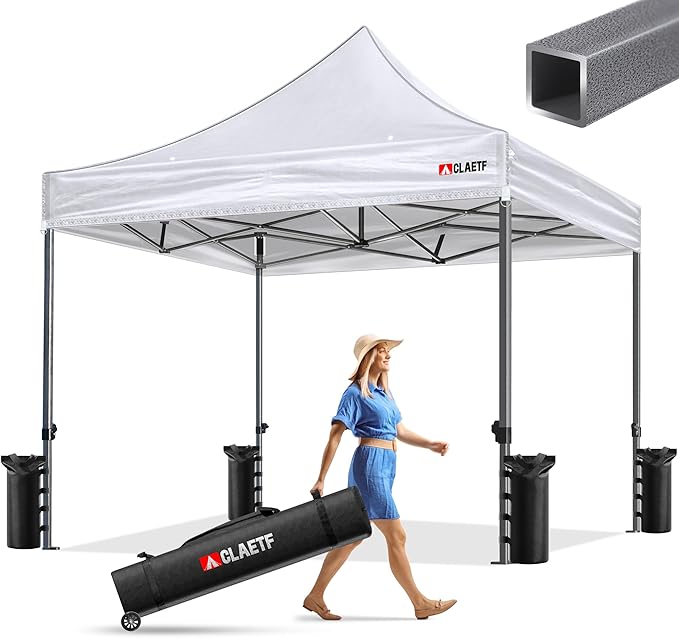 Heavy Duty Pop Up Canopy Tent-8 Drainage Holes,Waterproof & UPF 50+,4 Sandbags,8 Stakes for Commercial,Outdoor Events Instant Set Up,(White 10x10)