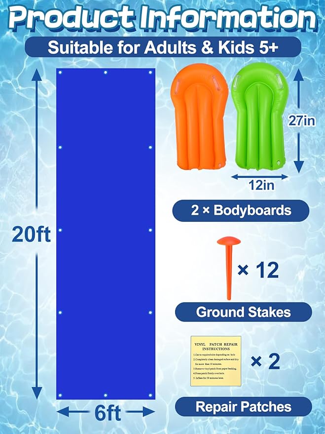 20 x 6 ft Widen Lawn Water Slide with 2 Inflatable Bodyboards - Thick Durable Slick Waterslide for Kids & Adults, Easy to Set Up with 12 Ground Stakes, Outdoor Backyard Fun Water Games for Summer