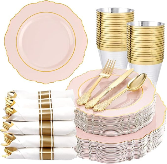 Liacere 175PCS Pink Plates Disposable - Pink and Gold Plates 25guest Baroque Plastic Dinnerware include 150Plates, 25Pack Pre Rolled Napkins with Silverware 25Cups Perfect for Wedding &Mothers Day
