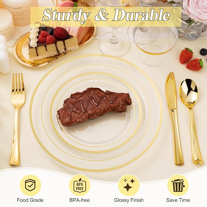 BESTSTAR 100PCS Clear Gold Plastic Plates Set, 50 10.25 inch Dinner Plates and 50 7.5 inch Dessert Plates, Disposable Plates for Party, Wedding